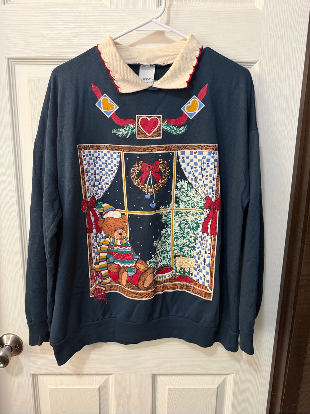 Vintage Christmas Teddy Bear Window Scene Sweater Navy Blue Holiday Collared L - Picture 2 of 7